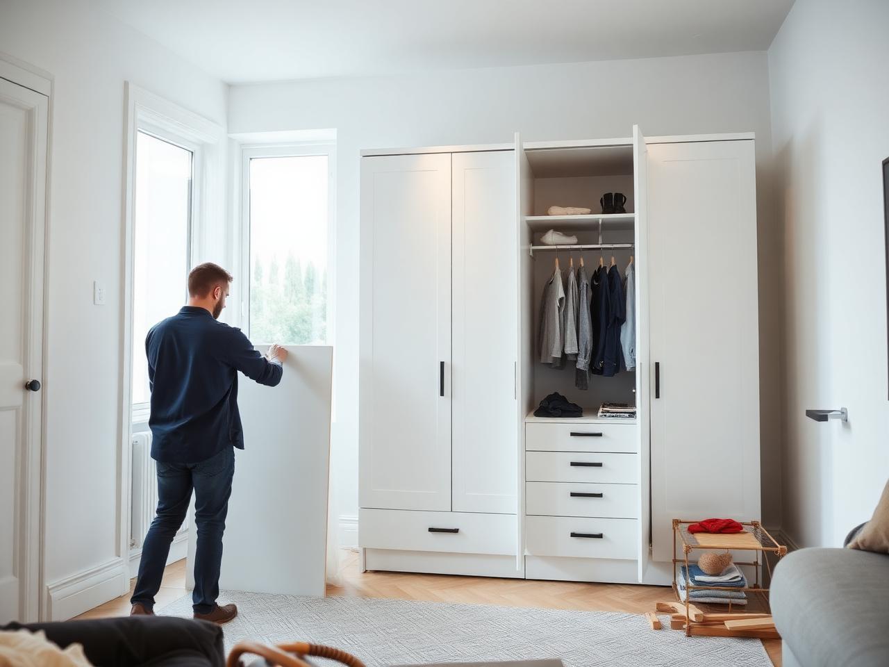 Profissional a montar um roupeiro branco num apartamento em Lisboa